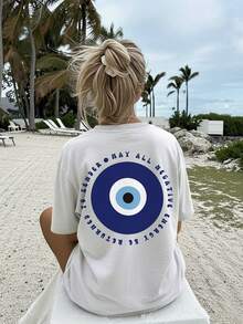 Oversized Short Sleeve T-Shirt With Round Neck, Pop Style, Turkish Eye, Circle And Print "To Send All Negative Energy", Double Sided, Loose And Casual For Women, Summer - Light Grey - View 3
