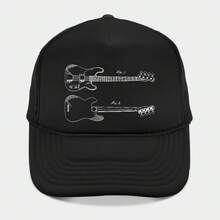 Bass Guitar Fender Stratocaster Patent Print Hat-This Black Trucker Hat Features A Detailed White Illustration Of An Electric Guitar On The Front Panel, Showcasing Both Side And Top Views For Added Visual Interest. - màu đen - Xem 1