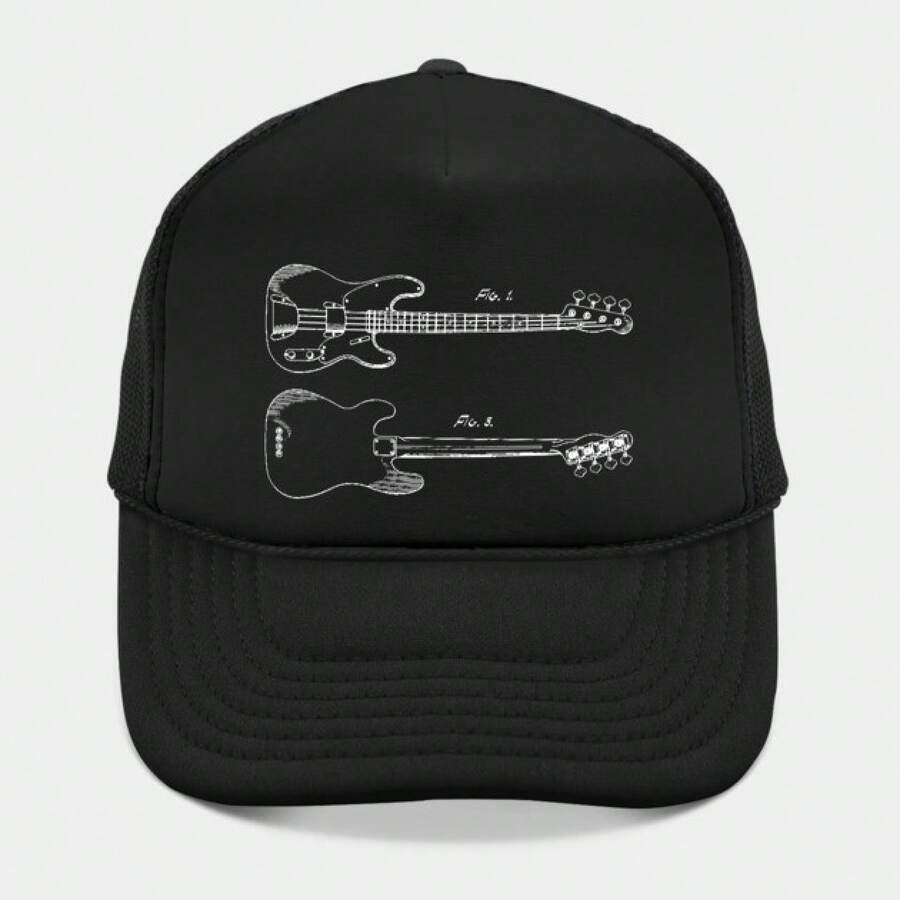 Bass Guitar Fender Stratocaster Patent Print Hat-This Black Trucker Hat Features A Detailed White Illustration Of An Electric Guitar On The Front Panel, Showcasing Both Side And Top Views For Added Visual Interest. - màu đen - Xem 1
