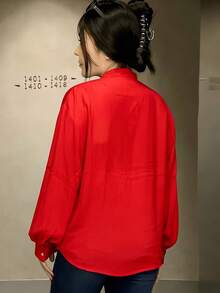 Black Long-Sleeved Shirt With A High Collar And Pleats, Elegant And Versatile Style - 紅色 - 查看 2