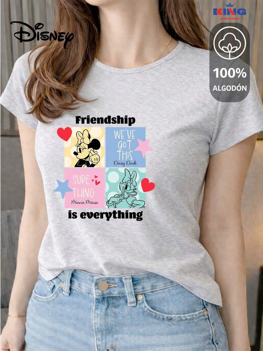 Women's T-Shirt Made Of 100% High-Quality Cotton. This T-Shirt Guarantees Exceptional Softness To The Touch, A Round Neck With A "Disney Minnie & Daisy Friendship" Print, And Short Sleeves. - 淺灰色 - 查看 1