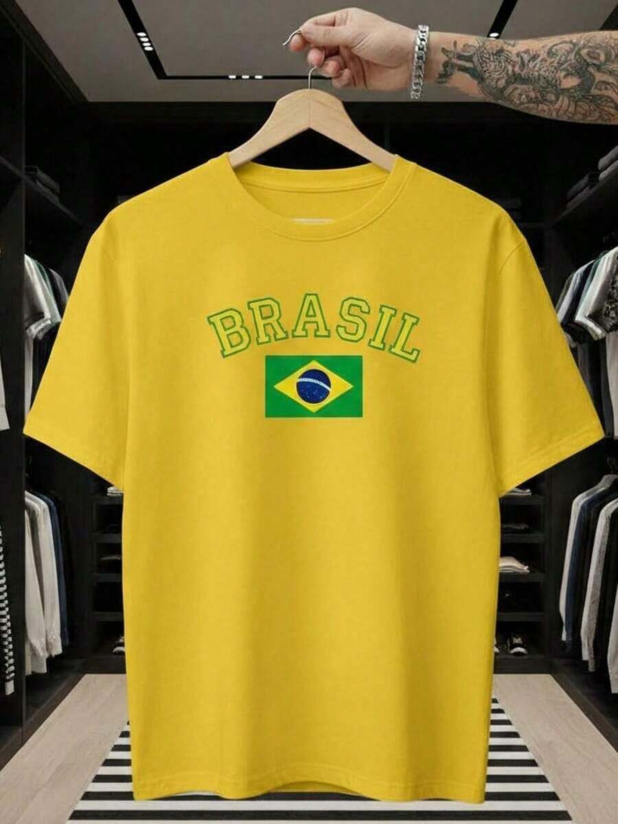 Brazil Unisex Fan T-Shirt 100% Cotton Brazilian National Football Team Unisex Short Sleeve Crew Neck Casual Brazil World Cup Premium Soft Cotton - 黃色 - 查看 1