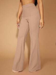 Pantalones de pierna acampanada de cintura alta elegantes para uso diario, de unicolor - Caqui - Ver 5