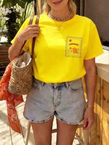 Camiseta Casual de Cuello Redondo para Mujer de Talla Grande, Tejido Cómodo y Transpirable, Ideal para Salidas de Primavera/Verano, Corte Holgado con Silueta Favorecedora, la Mejor Opción para Vacaciones y Viajes.Blanco 100% Algodón - Amarillo - Ver 2
