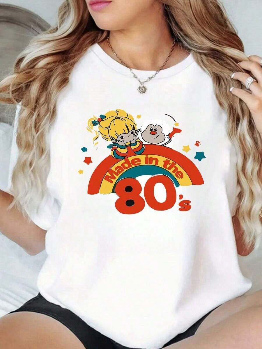 1pcs Women's 80s Cartoon Rainbow Graphic Print T Shirt Retro Casual 100% Cotton Round Neck Tee Loose Fit Summer Top Casual Blouses For Lady - 白色 - 查看 1