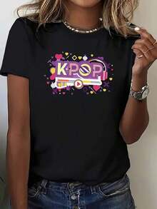 Women's K-Pop Graphic Print T-Shirt - Short Sleeve, Crew Neck, Casual Design With Vibrant Musical Notes And Heart, Lightweight For Summer And Spring, Machine Washable, Regular Fit, Casual Wear | Pop Culture Clothing, Women's T-Shirts - 黑色 - 查看 1