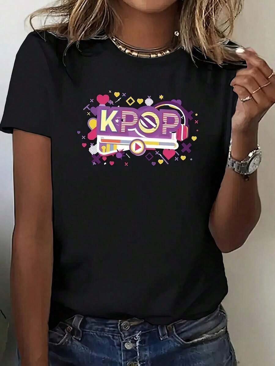 Women's K-Pop Graphic Print T-Shirt - Short Sleeve, Crew Neck, Casual Design With Vibrant Musical Notes And Heart, Lightweight For Summer And Spring, Machine Washable, Regular Fit, Casual Wear | Pop Culture Clothing, Women's T-Shirts - 黑色 - 查看 1