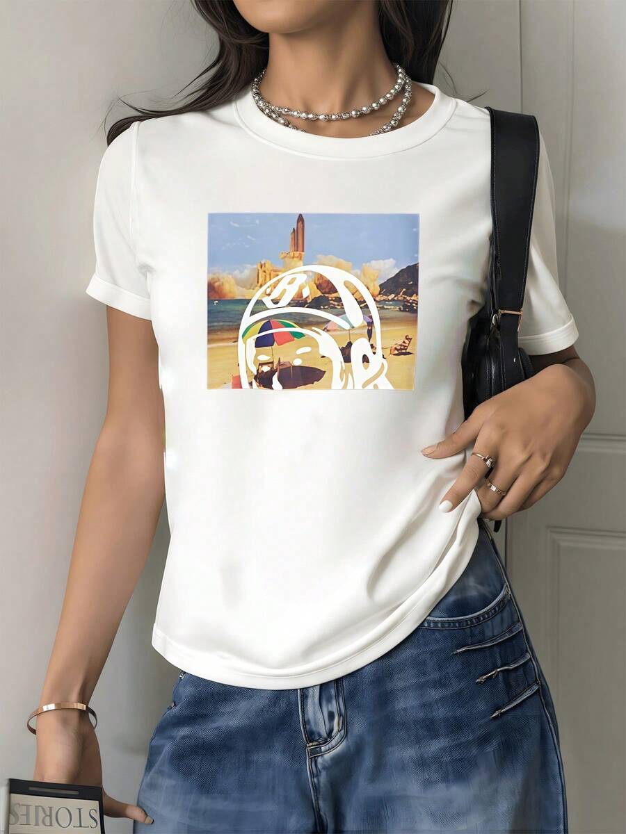 Colorful Astronaut Enjoying A Beach Landscape With Mountains In The Background And A Rocket Taking Off Symbolizes Adventure, Exploration, And Inner Calm. Modern, Comfortable, And Casual Women's T-Shirt - White - View 1