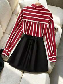 Camisa a rayas y falda pantalón plisada asimétrica, elegante conjunto de 2 piezas para mujer - Rojo - Ver 2