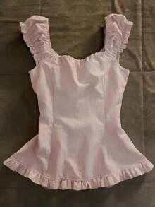 Blusa de mujer con volantes y rayas de solapa única - Rosa - Ver 2