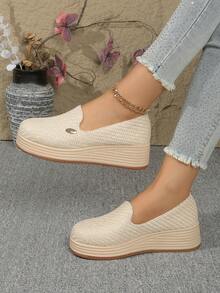 Plus Size Thick Sole Casual Linen Rope Slip-On Loafers For Women - Màu be - Xem 2