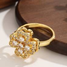 1 pieza Anillo giratorio Fidget de cobre con circonita, con diseño de flor, estrella y luna, para alivio de ansiedad y estrés, para uso diario, regalo - Plateado - Ver 7