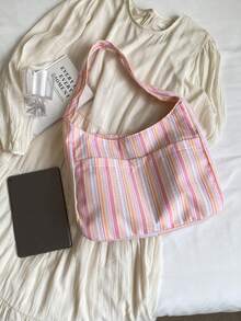 1PC Large Capacity Women Cloth Tote Bag, Shoulder Bag, Casual Stripe Fabric Handbag , Pink , Beach - 粉色 - 查看 5