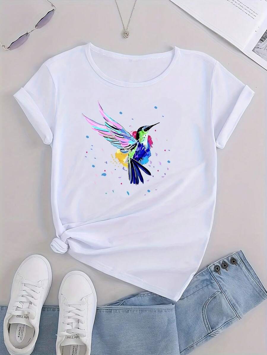 Relajado y holgado con un adorable estampado de colibrí de dibujos animados, favorece la figura y absorbe el sudor. - Blanco - Ver 1