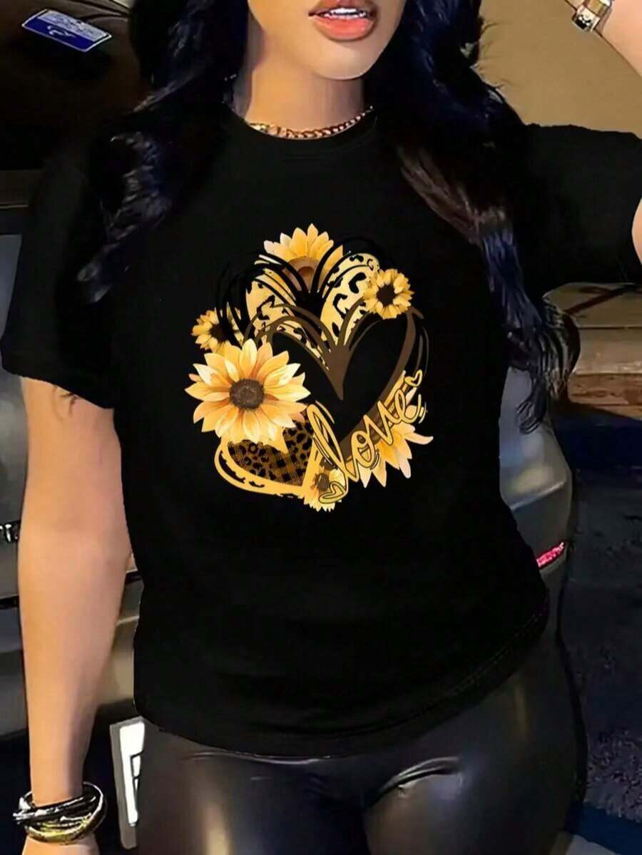 Faith Sunflower Print Summer T-Shirt, Versatile Short Sleeve Crew Neck Blouse For Women. 1 Sexy Casual Sweet Party Elegant Basic Off Shoulder Blouse Beach Night Out Vacation Office Home Garden Daily Birthday Party Baby Shower Country Music Concert Stage & Summer Concert (Sweet And Refreshing, For Teenagers, Unisex) - 1 - 查看 1