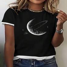 Women's Black Cotton T-Shirt with White Contrast Trim and Planet Graphic Casual Round Neck Short Sleeve Top - Negro - Ver 1