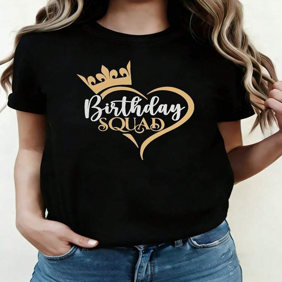 Women's Birthday Squad Crown Heart Graphic Cotton T-Shirt, Casual Short Sleeve Round Neck Tee Top For Celebration - 黑色 - 查看 1