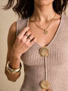 Conjunto de top sin mangas con botones de concha de unicolor y falda de punto para mujer - Caqui - Ver 3