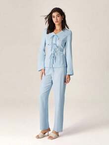 Conjunto de 2 piezas de top de manga larga con diseño de lazo elegante y pantalones rectos de cintura alta, color azul - Azul - Ver 6