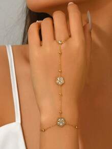 1 pieza Cadena de mano de joyería de acero inoxidable chapada en oro de 18K con flor de circonita para mujer - Dorado - Ver 5
