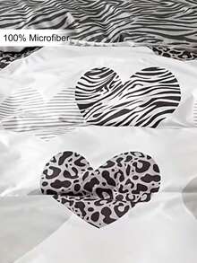 1pc Black & White Leopard Print Heart Pattern Fitted Sheet, Minimalist Modern Style Polyester Fitted Sheet, Suitable For All Seasons, Soft & Breathable, Machine Washable, Deep Pocket - Black and White - View 5