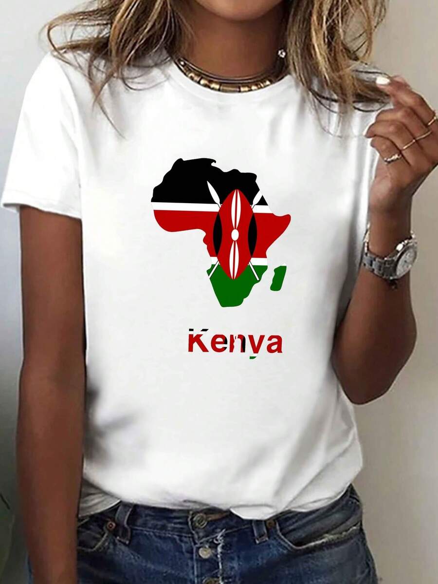 Blusa casual para mujer, camiseta con estampado de Kenia, de manga corta y cuello redondo, adecuada para verano y primavera, ropa de mujer, camisas de algodón para mujer. - Blanco - Ver 1