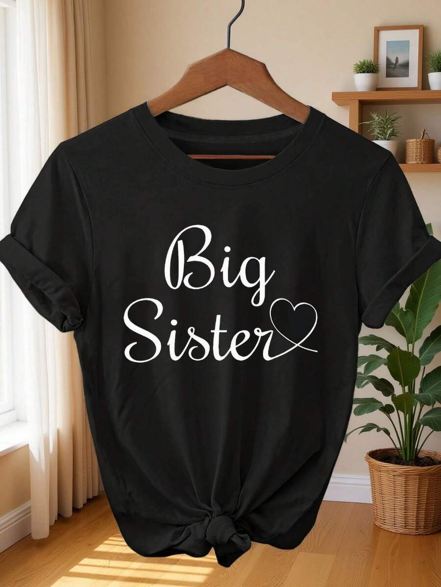 Camiseta con Estampado de Letras "Big Sister", Manga Corta, Cuello Redondo, Estilo Casual para Verano y Primavera, Ropa de Mujer - Negro - Ver 1