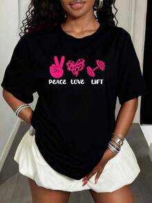 Love Weightlifter T-Shirt - Weightlifting Peace Love Lifting Graphic T-Shirts Women's Fashion Casual T-Shirts Style - 黑色 - 查看 1