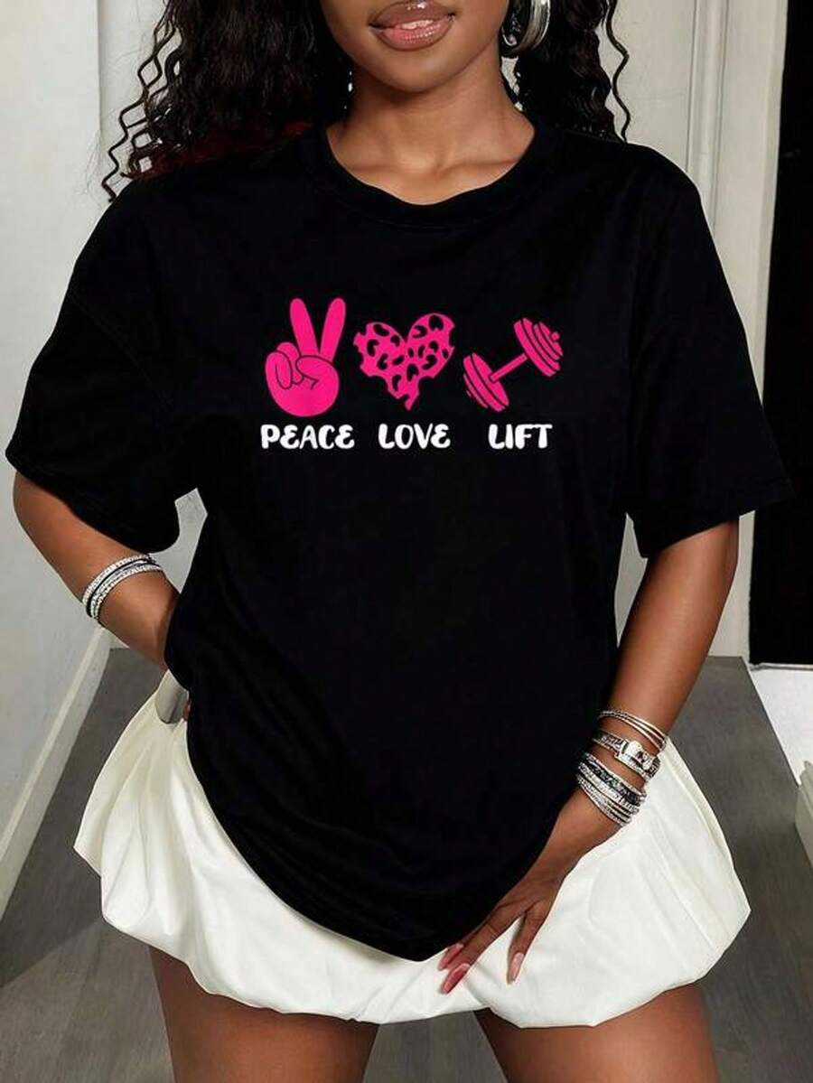 Love Weightlifter T-Shirt - Weightlifting Peace Love Lifting Graphic T-Shirts Women's Fashion Casual T-Shirts Style - 黑色 - 查看 1