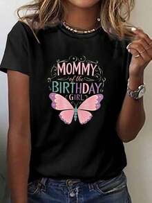 Camiseta con Estampado de Niña "Mamá del Cumpleaños", Manga Corta, Cuello Redondo, Estilo Casual para Verano y Primavera, Ropa de Mujer - Negro - Ver 8
