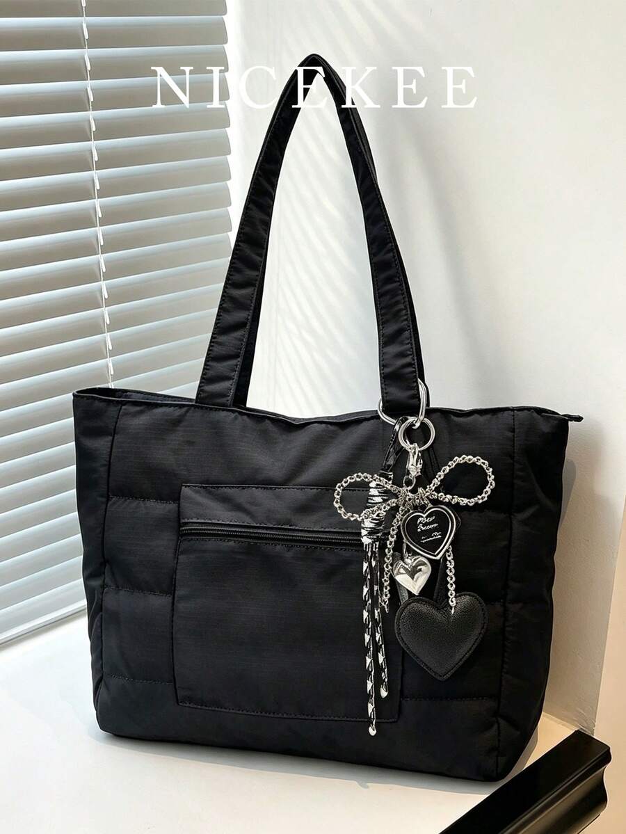 Simple Solid Color New Popular Quilted Tote Bag In Spring And Summer, Lightweight, Practical And Large Capacity With Body Patch Pockets, Shoulder Bag, Zipper Switch, Double Shoulder Straps, High-Value Armpit Bag, Suitable For Commuting To Work, School, Class, Shopping And Storage