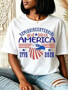 Semi Quincentennial God Bless America Hawk Design Women Casual Round Neck T-Shirt For Independence Day Celebration Summer And Fall Gifts For Patriotic Friends And Family,1776 Pattern Top,Patriotic Independence Day Commemorative Top,Half 500th Anniversary Celebration Gift,Suitable For 250th Anniversary Celebrationwomen's T-Shirts - 白色 - 查看 1