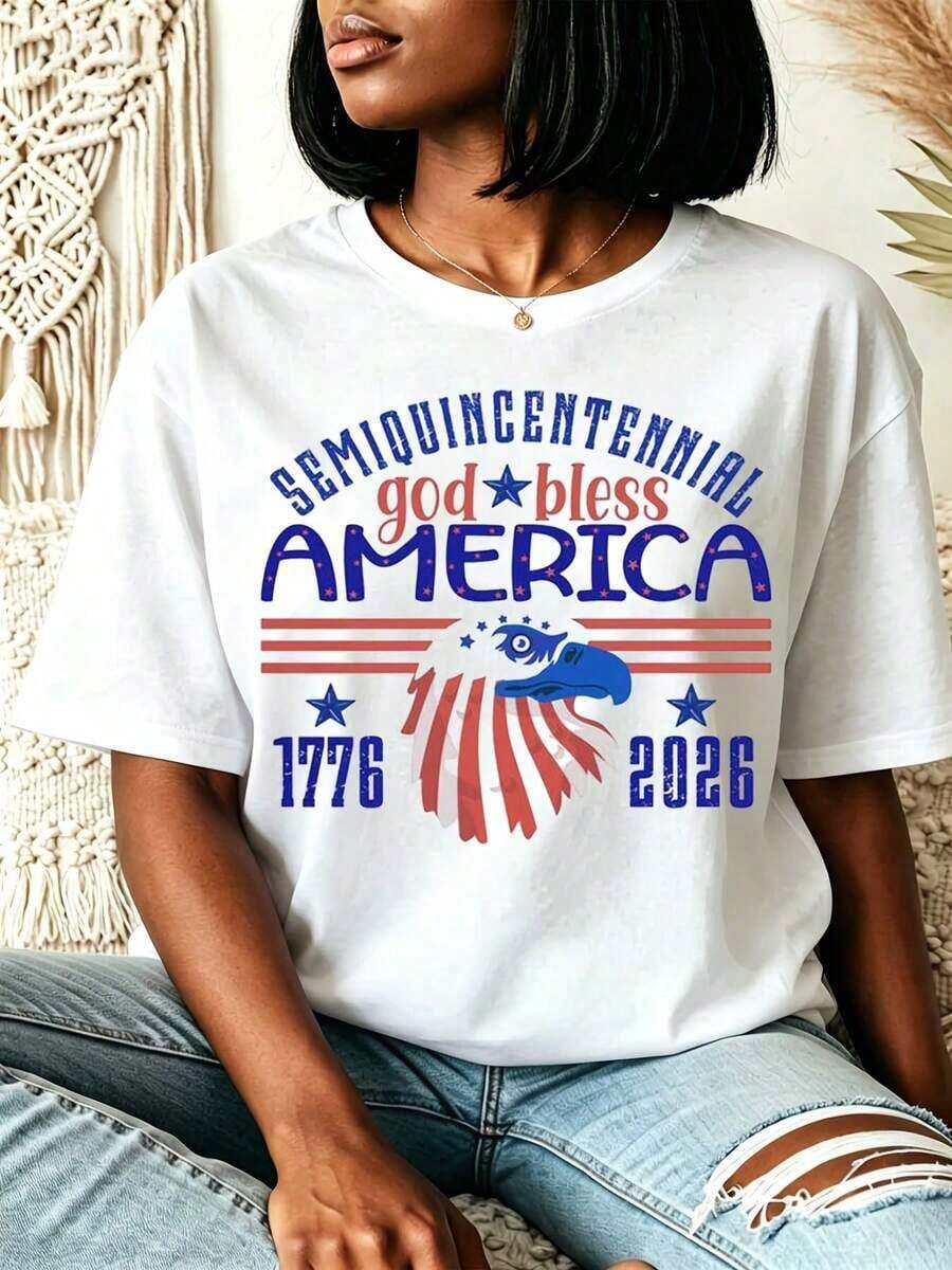 Semi Quincentennial God Bless America Hawk Design Women Casual Round Neck T-Shirt For Independence Day Celebration Summer And Fall Gifts For Patriotic Friends And Family,1776 Pattern Top,Patriotic Independence Day Commemorative Top,Half 500th Anniversary Celebration Gift,Suitable For 250th Anniversary Celebrationwomen's T-Shirts - 白色 - 查看 1