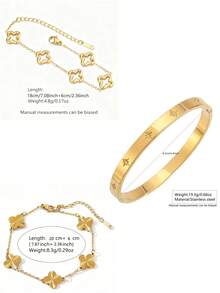 VceTd 1 Set Perhiasan Stainless Steel Motif Daun Semanggi yang Modis, Cocok untuk Wanita, untuk Bepergian atau Pemakaian Sehari-hari - Yellow Gold - View 12