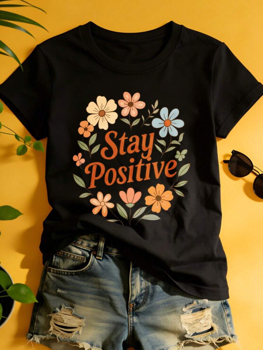 Camiseta Estampada para Mujer Stay Positive - Camiseta Casual de Manga Corta y Cuello Redondo en Negro con Texto Naranja, Corte Relajado para Todas las Estaciones, Perfecta para el Uso Diario y Atuendos de Vacaciones, Lavable aáquina. - Negro - Ver 1