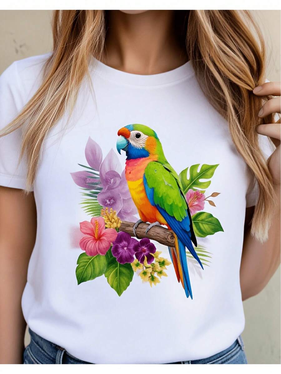 Soft 100% Cotton Women's T-Shirt With A Colorful Parrot Tropical Floral Print. A Perfect Summer T-Shirt For Nature Lovers, Ideal For Casual Wear. This Cute Women's Blouse Features A Relaxed, Slightly Stretched Fit And Is Made Of Breathable Cotton. It's Versatile And Goes With Everything. - 白色 - 查看 1