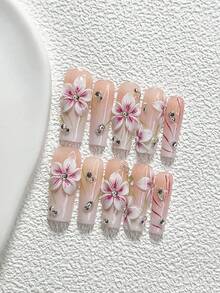 10件裝溫柔淑女風手工美甲貼片組，白色圓鑽美甲配件，粉色、白色與綠色指甲油，含美甲工具，3種尺寸可選，杏仁甲、鴨嘴甲、棺材甲，適合派對、舞蹈、日常配戴 - 彩色 - 查看 19