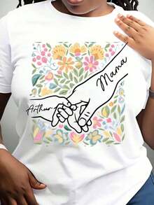 Personalized T-Shirt With Floral Design Of Mother And Child Holding Hands For Mother's Day, Birthday Gift For Mom, Family Clothing With Personalized Name, Vintage Urban Style, Unisex, Cotton, Short Sleeve, Round Neck, 100% Cotton - 白色 - 查看 3