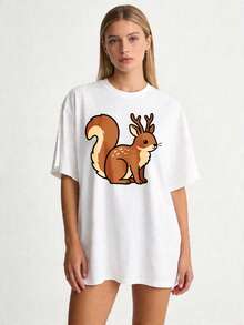 Women's Basic Crew Neck T-Shirt With An Adorable Animal Design, Sizes S-2XL, 100% Solid Color, Black And White Squirrel Pattern With Antlers. Ideal For Family And Couple Outfits, Perfect For Spring And Summer Wear. A Perfect Gift For Mothers, Relatives, And Close Friends On Mother's Day. . - 黑色 - 查看 5