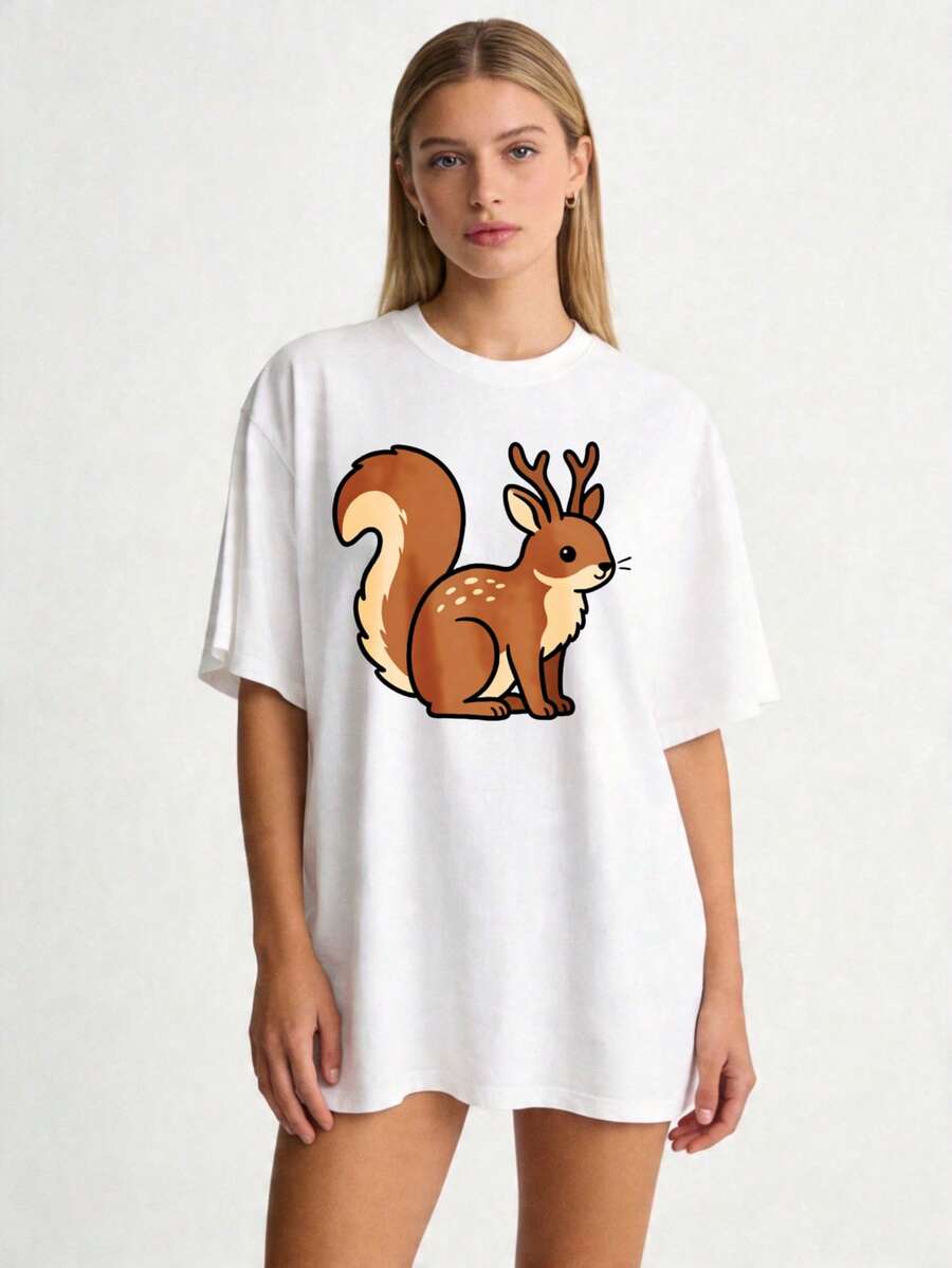 Women's Basic Crew Neck T-Shirt With An Adorable Animal Design, Sizes S-2XL, 100% Solid Color, Black And White Squirrel Pattern With Antlers. Ideal For Family And Couple Outfits, Perfect For Spring And Summer Wear. A Perfect Gift For Mothers, Relatives, And Close Friends On Mother's Day. . - 白色 - 查看 1