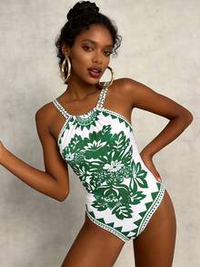 One-Piece Floral Print Sexy Backless Bohemian Swimsuit, Suitable For Beach Vacation In Summer - Green - View 3