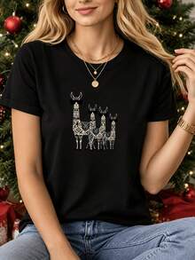 Camiseta Deportiva Casual para Mujer en Negro con Elegante Patrón de Ciervo Dorado - Camiseta Elástica de Cuello Redondo, Lavable aáquina, Ajuste Cómodo y Perfecta para Todas las Estaciones, para Combinar con Jeans Azules. - Negro - Ver 1