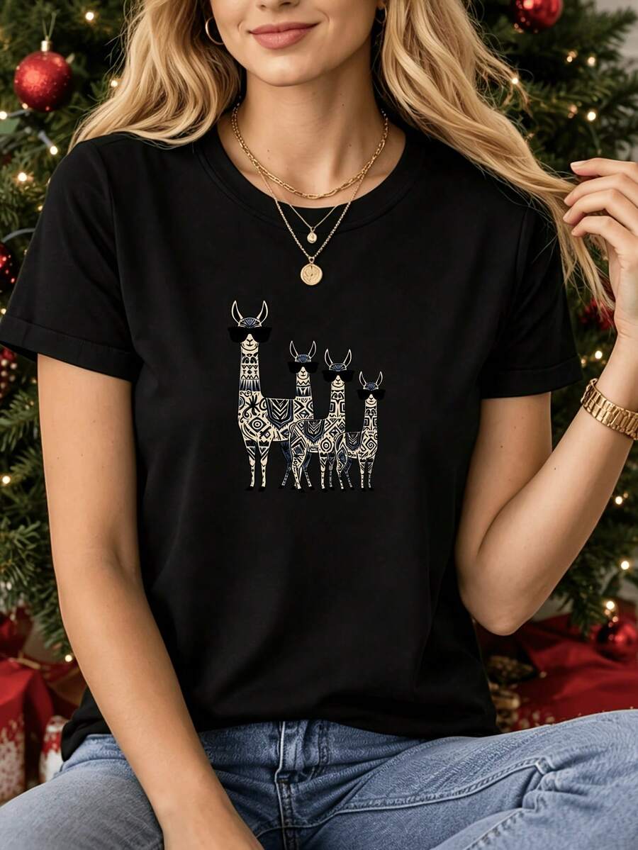 Camiseta Deportiva Casual para Mujer en Negro con Elegante Patrón de Ciervo Dorado - Camiseta Elástica de Cuello Redondo, Lavable aáquina, Ajuste Cómodo y Perfecta para Todas las Estaciones, para Combinar con Jeans Azules. - Negro - Ver 1