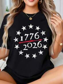 Camiseta Gráfica con Diseño de Estrellas Patrióticas para el Día de la Independencia Americana 1776-2026 para Mujer, Celebra la Libertad y el Legado de Estados Unidos, Ropa para el Festival del 4 de Julio - Estilo Urbano Vintage, Unisex, Camiseta de Manga Corta de Algodón Suelto con Cuello Redondo, 100% algodón. - Negro - Ver 1