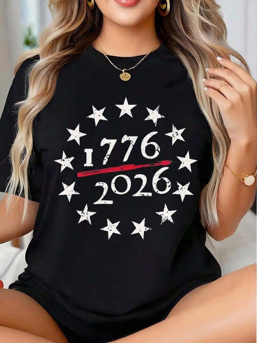 Camiseta Gráfica con Diseño de Estrellas Patrióticas para el Día de la Independencia Americana 1776-2026 para Mujer, Celebra la Libertad y el Legado de Estados Unidos, Ropa para el Festival del 4 de Julio - Estilo Urbano Vintage, Unisex, Camiseta de Manga Corta de Algodón Suelto con Cuello Redondo, 100% algodón. - Negro - Ver 1