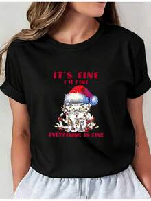 Camiseta Deportiva Casual para Mujer con Gráfico de Búho de Dibujos Animados con Sombrero de Santa - Camiseta Negra Elástica y de Cuello Redondo, Lavable aáquina, Ajuste Cómodo para Todas las Estaciones, Ropa Casual Femenina con Estilo Festivo. - Negro - Ver 6