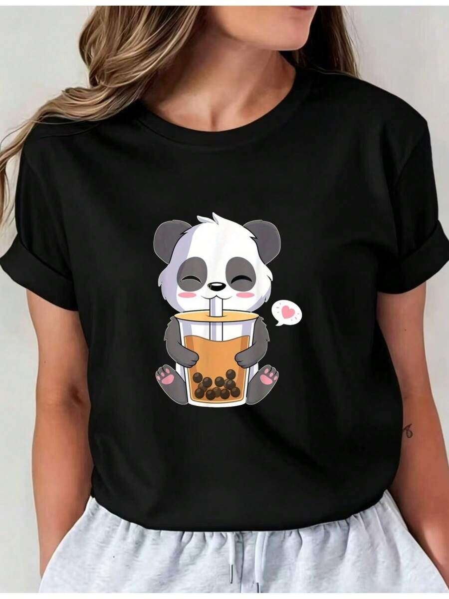 Camiseta Deportiva Casual para Mujer con Divertido Diseño de Panda Cartoon Bebiendoé de Burbujas - Camiseta Negra Elástica y de Cuello Redondo, Lavable aáquina, Ajuste Cómodo para Todas las Estaciones, Ropa Casual Femenina con Estilo Divertido. - Negro - Ver 1