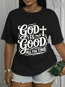 Camiseta Estampada para Mujer - Camiseta Casual Negra de Manga Corta y Cuello Redondo con Texto Ornamental Dios Bueno Todo el Tiempo. Con un Corte Relajado para Todas las Estaciones, la Elección Perfecta Tanto para el Uso Diario como para tus Atuendos de Vacaciones (Lavable aáquina). - Negro - Ver 1