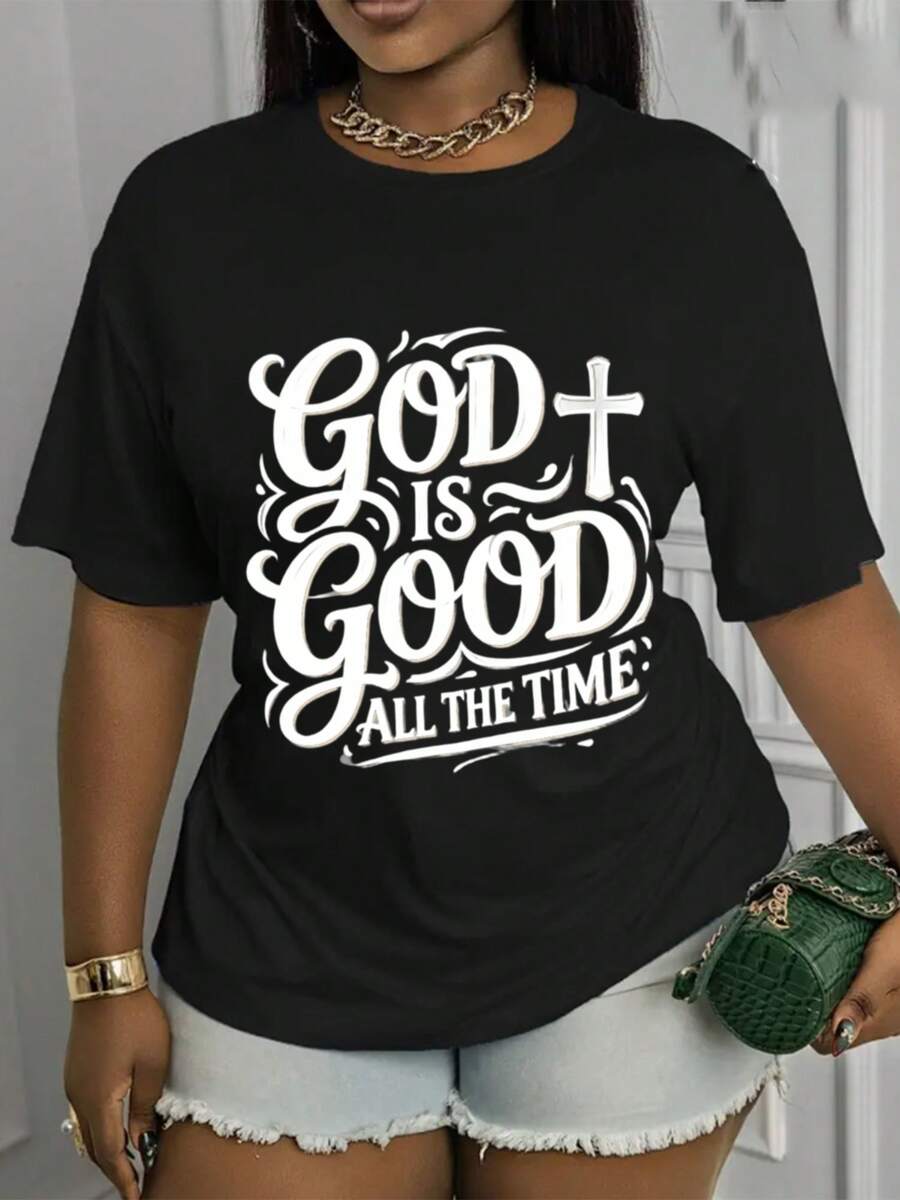 Camiseta Estampada para Mujer - Camiseta Casual Negra de Manga Corta y Cuello Redondo con Texto Ornamental Dios Bueno Todo el Tiempo. Con un Corte Relajado para Todas las Estaciones, la Elección Perfecta Tanto para el Uso Diario como para tus Atuendos de Vacaciones (Lavable aáquina). - Negro - Ver 1
