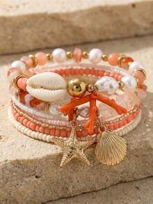 Set de 7 piezas de pulsera con estrellas de mar y conchas de cristal, adecuado para que las mujeres lo usen en la playa o de viaje - Multicolor - Ver 2